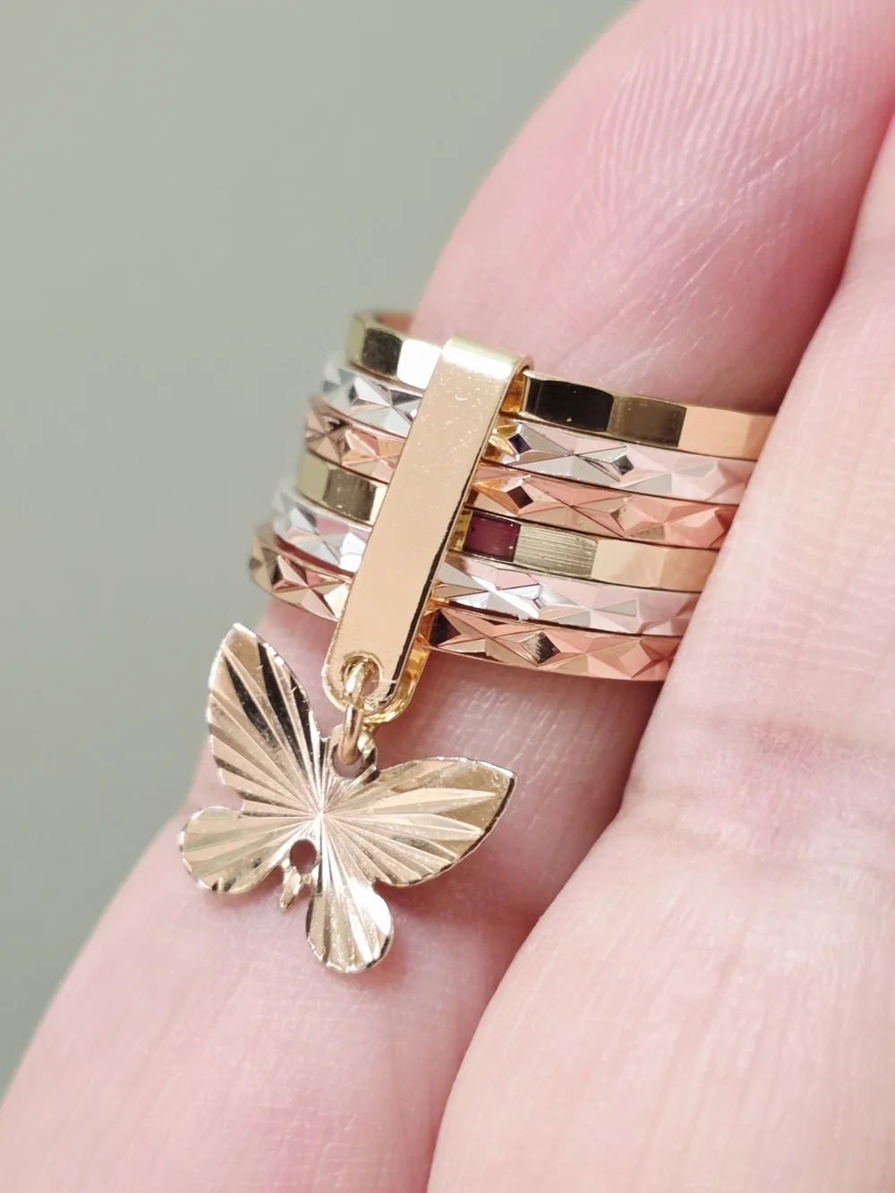 18k Gold Plated Stacking Ring with Butterfly Charm - Gold, Rose & Silver